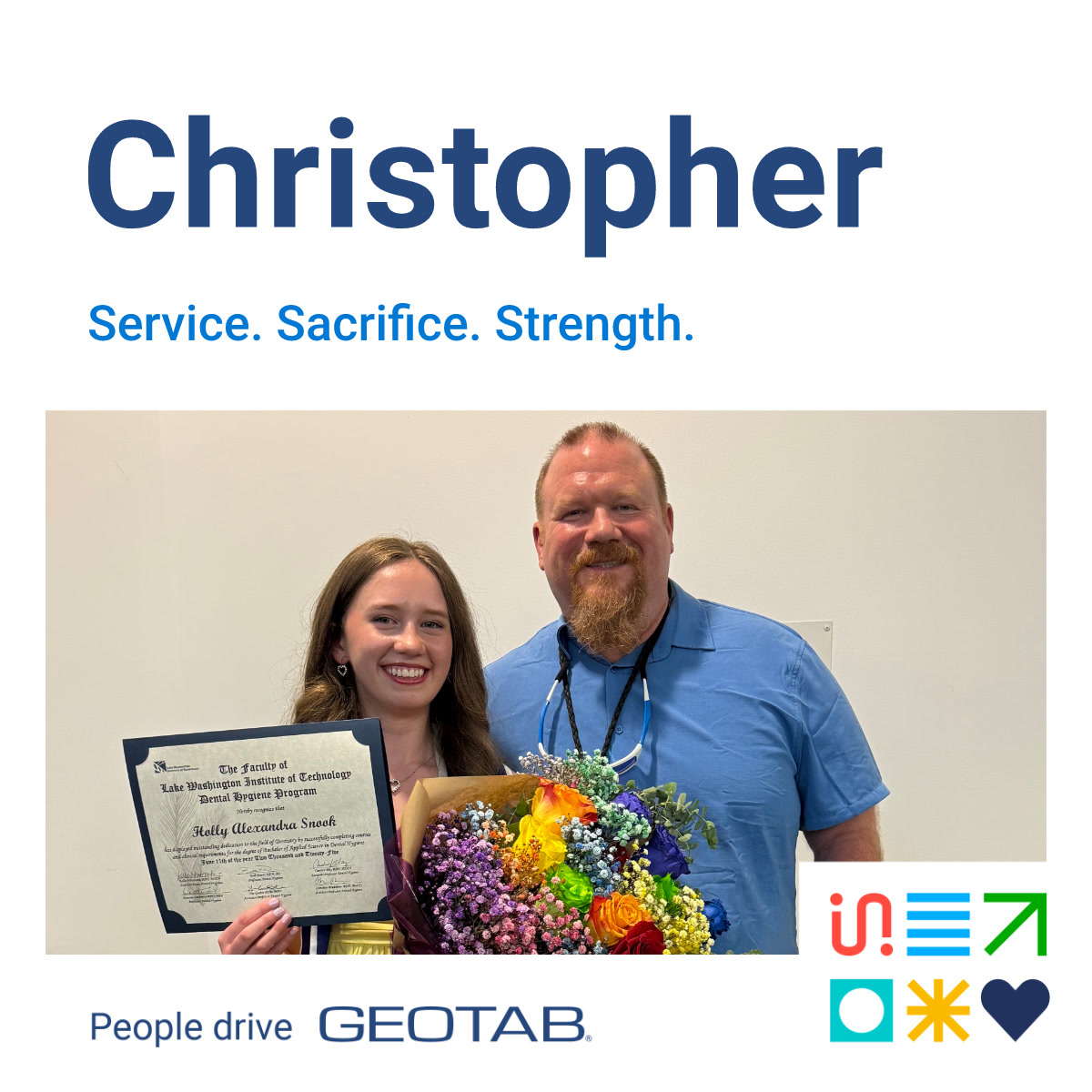 Image of Geotabber Christopher Snook. Text "Service. Sacrifice. Strength"